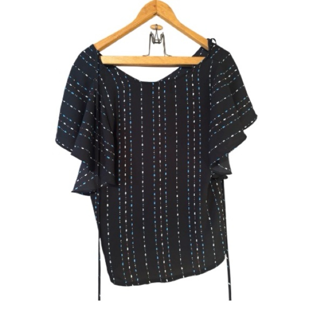 LOFT Black Blouse with Vibrant Stripes